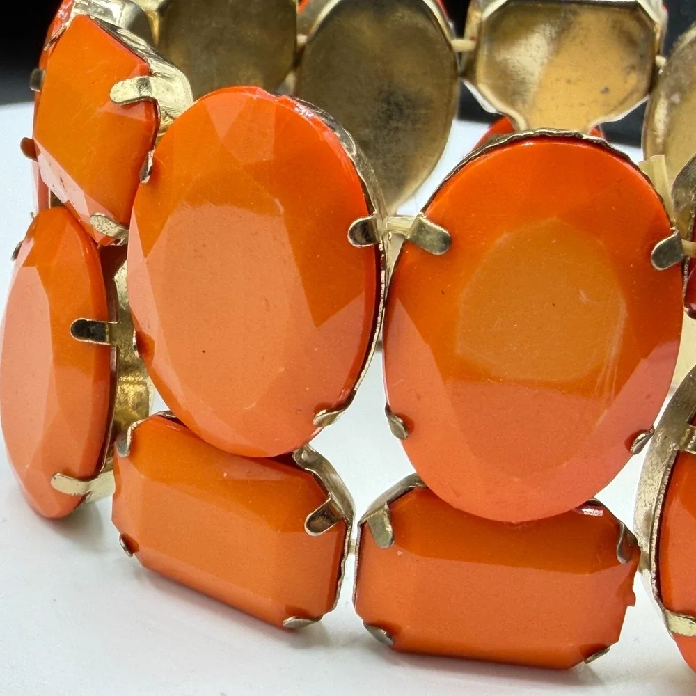 Orange Faceted Rhinestone Stretch Bracelet Chunky Statement Cocktail Boho Gift